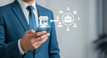 Businessman holding smartphone with digital marketing icons showing ecommerce management online strategy customer engagement or social media growth on blue background

