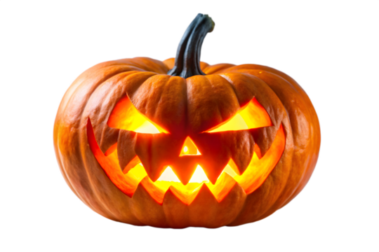 A classic carved jackolantern with a frightening face glows with an inner light against a stark transparent background