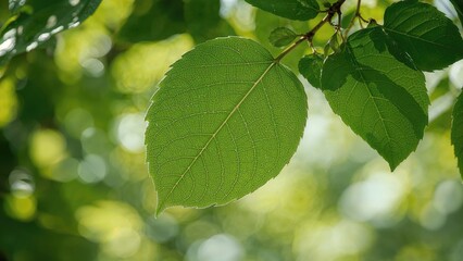Detailed view of a natural green leaf set before a blurred background