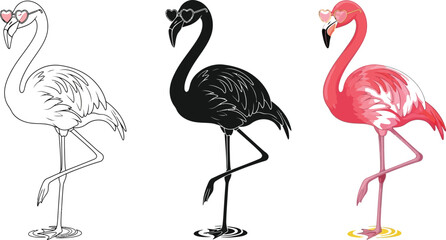 Obraz premium Three flamingo illustrations showcase different styles, from a simple outline to a solid black silhouette and a vibrant pink design, all wearing heart-shaped sunglasses for a fun, tropical vibe.
