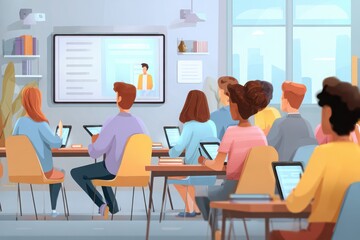 Students focus on a screen lecture in a bright classroom setting. Education concept