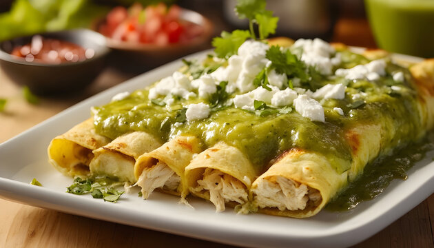 Delicious enchiladas verdes filled with chicken and topped with green tomatillo sauce, cheese, and toppings presented on a white plate