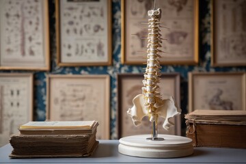 Anatomical spine model with old books, detailed charts in the background