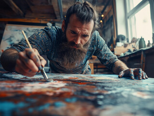 Focused male artist painting expressive strokes on textured canvas in moody studio. Emphasizes detail, passion and intensity in modern artistic process.