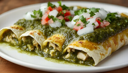 Delicious enchiladas verdes filled with chicken and topped with green tomatillo sauce, cheese, and toppings presented on a white plate