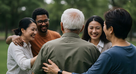 Group of multigenerational people hugging each others - Support, multiracial and diversity concept - Main focus on senior man with white hairs
