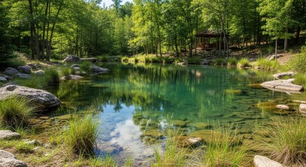 Obraz premium Serene Forest Pond Surrounded by Lush Greenery and Sunlight