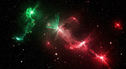 Vivid space scene green  red nebulae amidst a starfilled backdrop contrasting colors highlighting cosmic structures