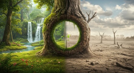 Juxtaposed nature scene vibrant forest meets arid desert through a circular tree opening