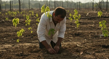 Man plants sapling in field among new trees focusing on restoration or reforestation