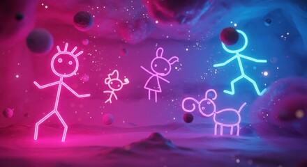 Neonoutlined stick figures and a dog on a planetlike terrain