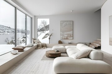 stylist and royal White minimalist living room interior with sofa on a wooden floor, decor on a large wall