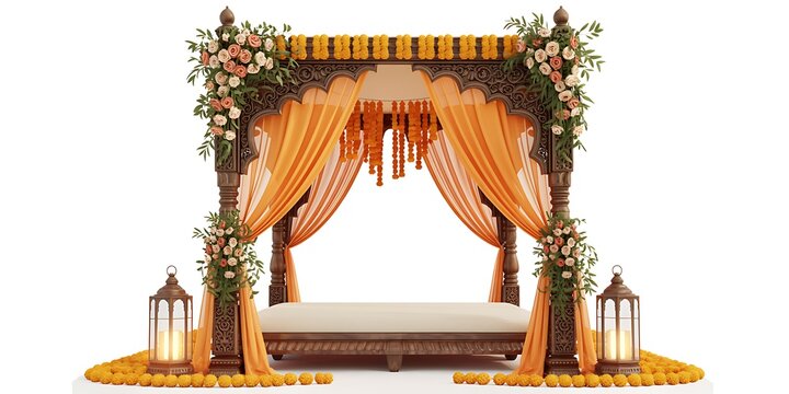 Elegant indian wedding mandap with drapes and flowers