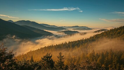 Misty hills and woodlands sparkling