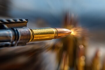 Naklejka premium Bullet fired from gun barrel, sparks flying in motion blur, other rounds in background