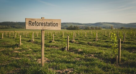 Reforestation site young trees in rows green field sign
