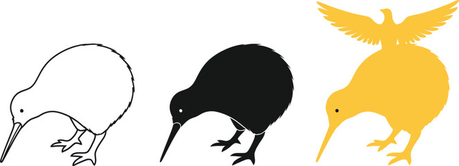 Three kiwi bird illustrations showcase the unique flightless bird in different styles, including a line drawing, a solid black silhouette, and a golden version with a bird on its back.