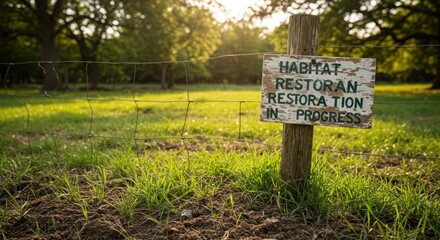 Sign reading Habitat Restoration in Progress on a post beside a wire fence in a sundrenched grassy field