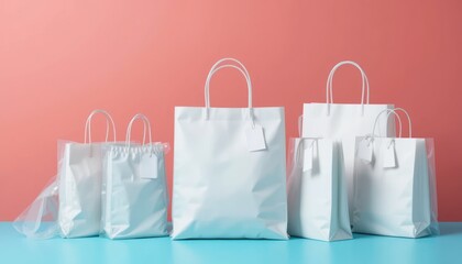 Six white shopping bags of varying sizes are arranged on a blue surface against a salmoncolored background