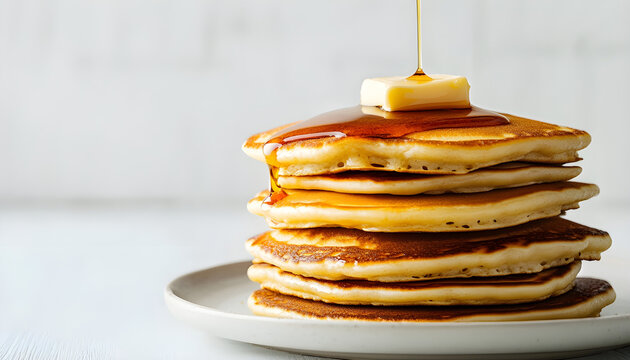 Delicious stack of fluffy pancakes topped with artisanal maple syrup and butter on a white background