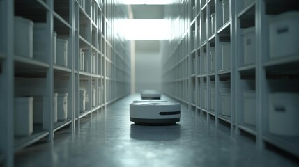 Automated warehouse robot moving along aisle with shelves