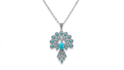 White background showcasing a necklace adorned with a peacock charm