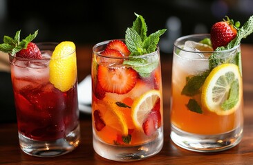 Three colorful fruit-infused cocktails garnished with strawberries, lemon slices, and fresh mint leaves on a wooden table.