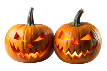 Two carved glowing orange jackolantern pumpkins with menacing faces are positioned sidebyside against a transparent background