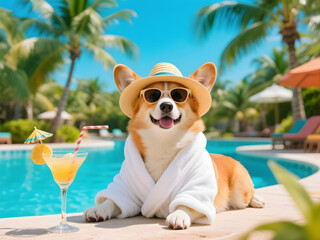 Corgi dog lounging in white bathrobe and straw hat with cocktail by swimming pool under sunny sky in colorful tropical resort setting