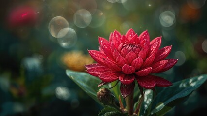 Vibrant red flower with textured petals surrounded by a gently blurred garden background featuring bokeh lights and soft colors