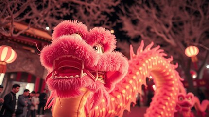 Fototapeta premium Vibrant pink dragon dance head, Chinese New Year celebration with lanterns and crowd