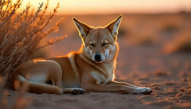 Australian dingo resting near its pup under shade