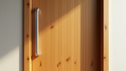 Obraz premium Light streams onto a light-brown wooden door with a silver handle.