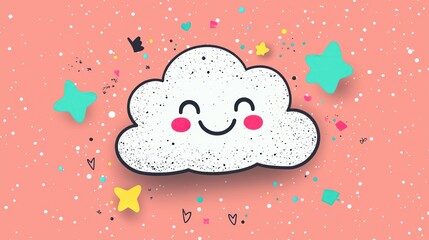 Cute cartoon cloud, playful design, pink background, graphic art, children's illustration