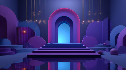 3d rendering of purple and blue abstract geometric background. Scene for advertising, technology, showcase, banner, game, sport, cosmetic, business, metaverse. Sci-Fi Illustration. Product display