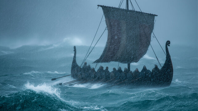 vikings sailing a drakkar in stormy weather &mdash; ideal for use in historical articles, Norse mythology content, video game concept art, or educational materials about Viking culture and seafaring