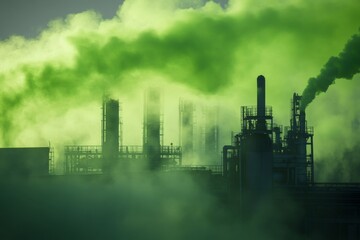 Chemical factory emits toxic gas into the atmosphere, creating a striking bright green haze over the area, showcasing industrial activity in the daylight hours