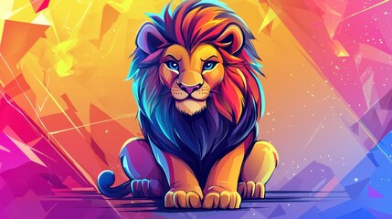 Fototapeta premium Colorful lion sitting, vibrant background, artistic style, digital illustration, for prints or social media