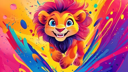 Fototapeta premium Cute lion cub running in vibrant colors
