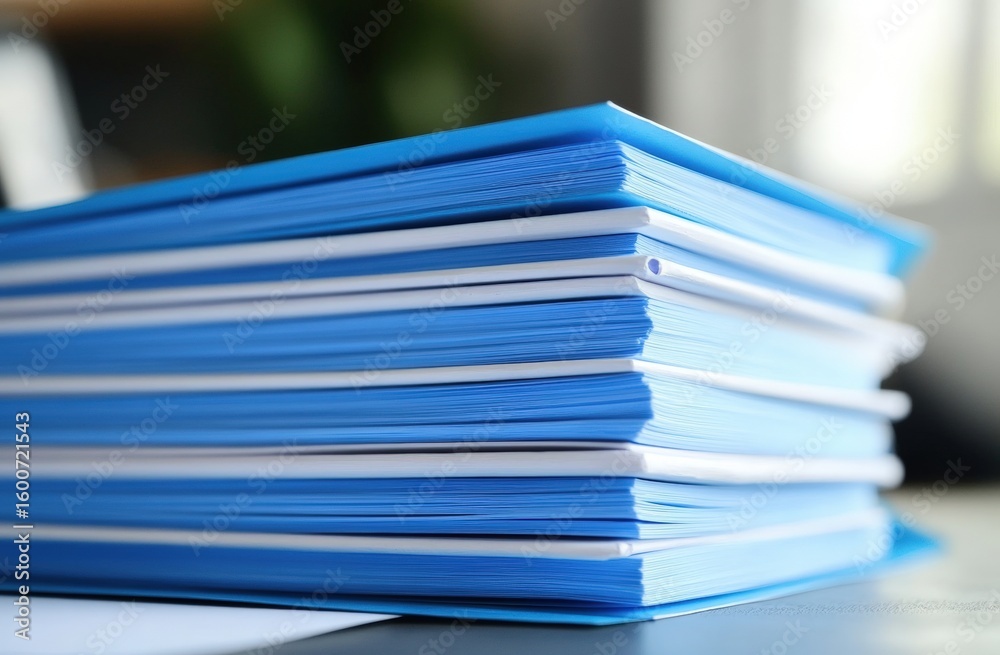 Poster a close-up image showing a stack of blue folders or file binders on a desk.