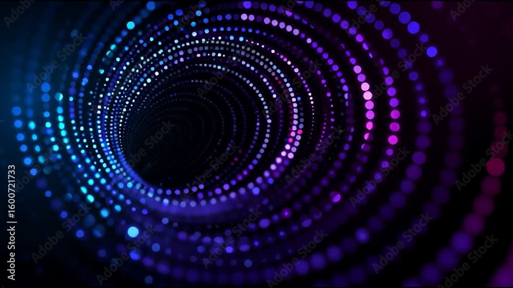 Poster vibrant particles swirling, generating luminous tunnel trajectory, crafting dynamic digital environm