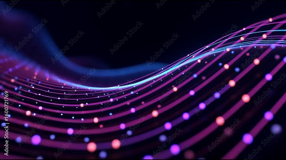 Poster digital particles glowing, streaming dynamically across dark space, forming wave like patterns symbo