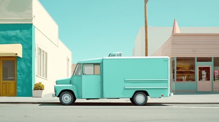 Vintage teal delivery truck on a sunny street retro style pastel buildings