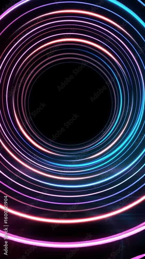 Poster glowing neon circles expand on a dark reflective surface, creating a vibrant and dynamic visual with