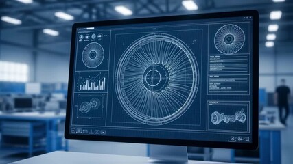 Futuristic aerospace engineering concept shown through digital blueprint of turbine blade on factory computer.