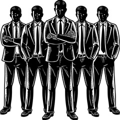Five silhouetted men standing together