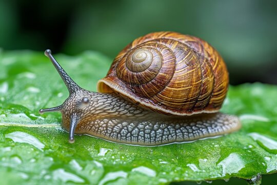 A snail is slowly crawling on a glistening wet leaf, showcasing its beautifully patterned shell. The rich textures and colors of both the snail and the leaf are highlighted in fine detail