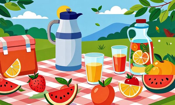 Colorful picnic scene with fruits and drinks