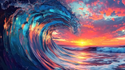 Majestic Ocean Wave Crashing at Sunset: Dramatic Sky, Vibrant Colors, Artistic Rendering.