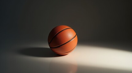 Obraz premium Single basketball positioned half in light half in shadow creating striking chiaroscuro effect on neutral background